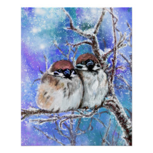 Petits Bruants Couple En Hiver Poster Peinture