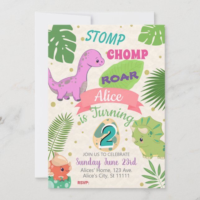 PETITS DINOSAURS FILLE 2E ANNIVERSAIRE INVITATION (Devant)