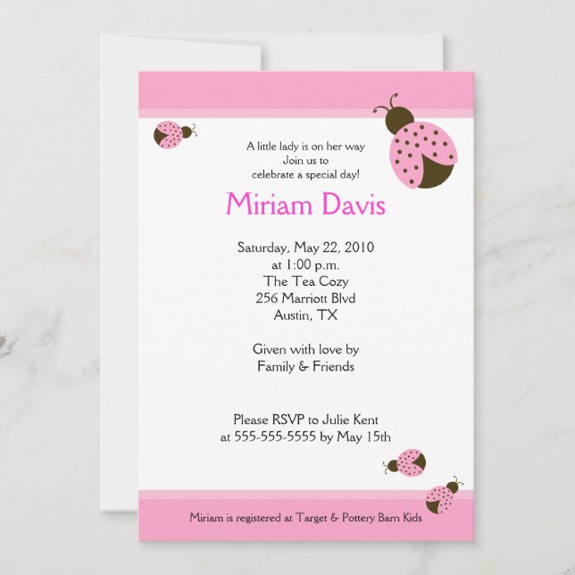 Petits Ladybugs Rose 5x7 Invitations de douche béb (Devant)