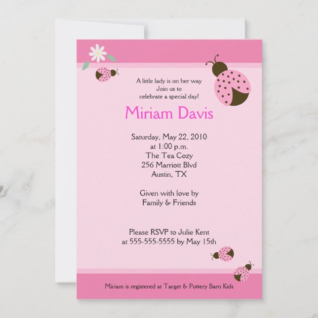 Petits Ladybugs Rose 5x7 Invitations de douche béb (Devant)