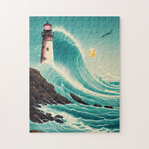 Phare au milieu des vagues rugissantes Puzzle - 25