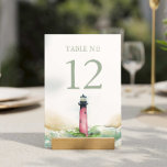Phare du décor de mariage de plage Numéro de table<br><div class="desc">Élevez votre décor mariage sur le thème de la plage avec nos numéros de table captivants, partie de l'exquise suite de papeterie du phare Jupiter de la côte Do Tell A Belle. Chaque pièce est ornée d'une belle reproduction de l'aquarelle originale dans les tons rouge, turquoise et vert, et peut...</div>