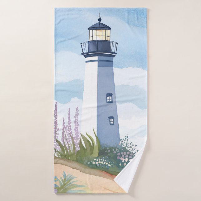 Phare en fleurs | Floral aquarelle côtière (Serviette de bain)