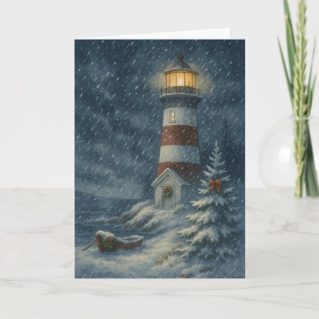 Phare en Snowstorm Carte de Noël (Devant)
