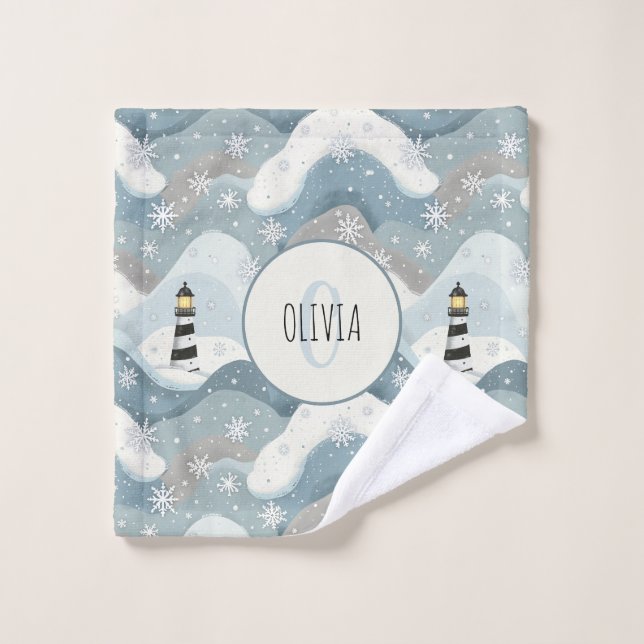 Phare et Vagues d'Icy Monogramme nautique hivernal (Gant de toilette)