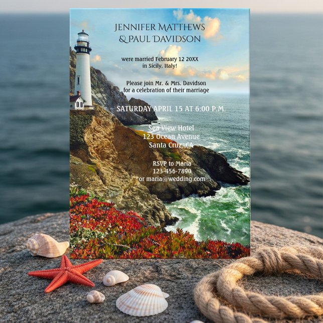 Phare Nautique Après Faire-part de mariage (After wedding party invitation featuring a painting of a coast with a lighthouse in vibrant colors)