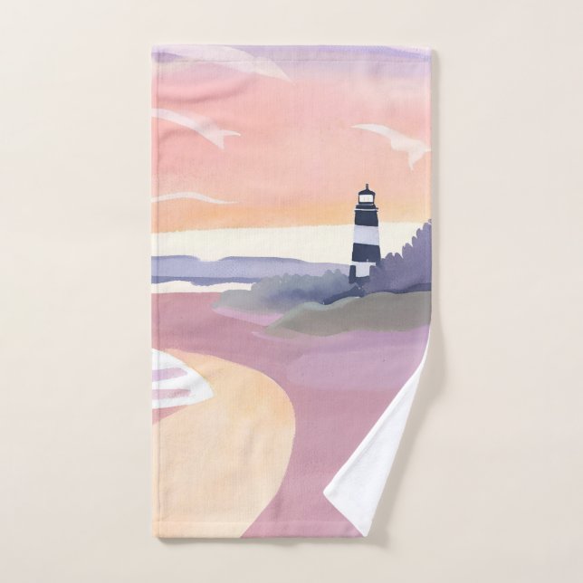 Phare pastel | Aquarelle de la côte de la plage (Serviette à main)