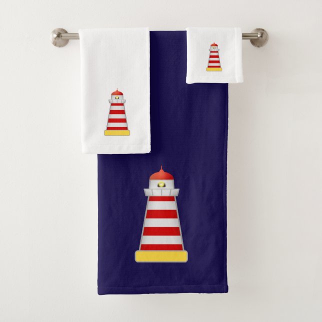 Phare rouge et blanc sur fond bleu marine et blanc (En situation)