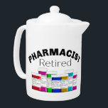 Pharmacien à la retraite<br><div class="desc">Le pharmacien retraité teapot flacons de prescription colorés dessinés à la main avec des étiquettes composent le design.</div>