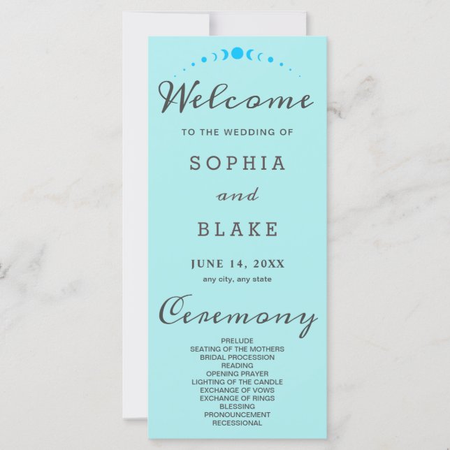 Phases Lune Turquoise Pale Blue Wedding Programme (Devant)