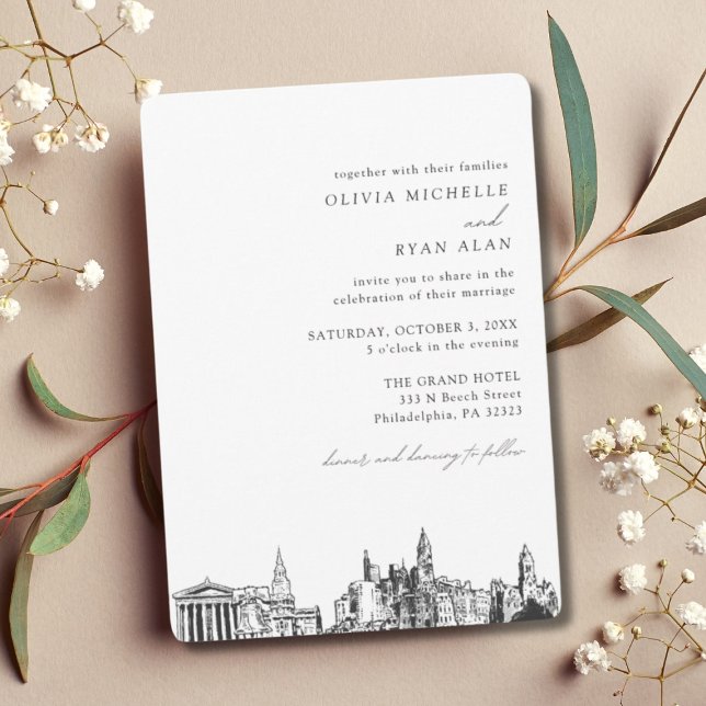 Philadelphie Mariage Élégant Skyline Invitation (Modern Philadelphia Minimalist Wedding)