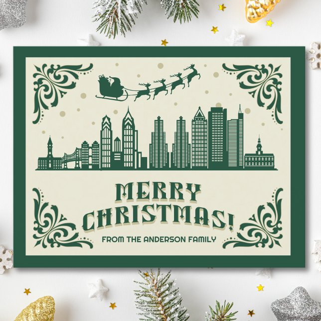 Philadelphie PA Skyline Christmas Holiday Carte po (Philadelphia, PA skyline christmas card green modern merry christmas postcard with custom details)