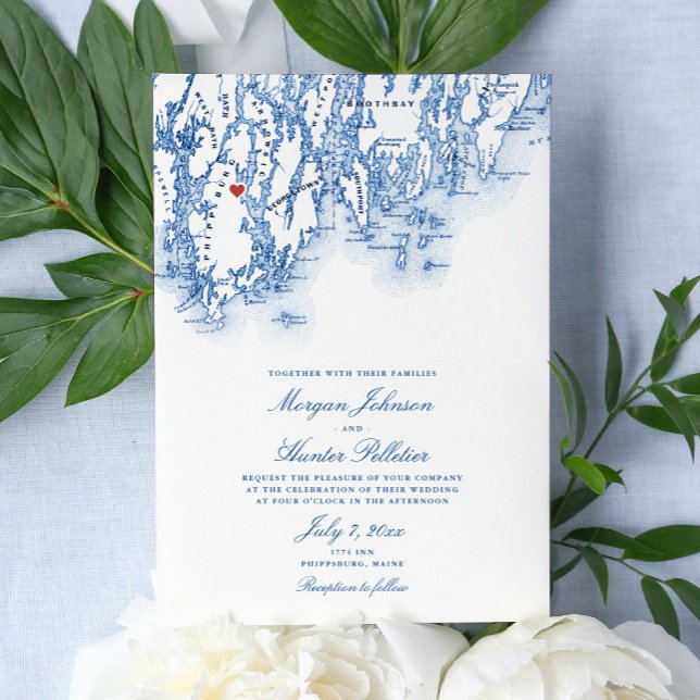 Phippsburg Maine Elegant Mariage de carte marine (Elegant nautical destination wedding invitation for your wedding at the 1774 Inn in Phippsburg Maine)