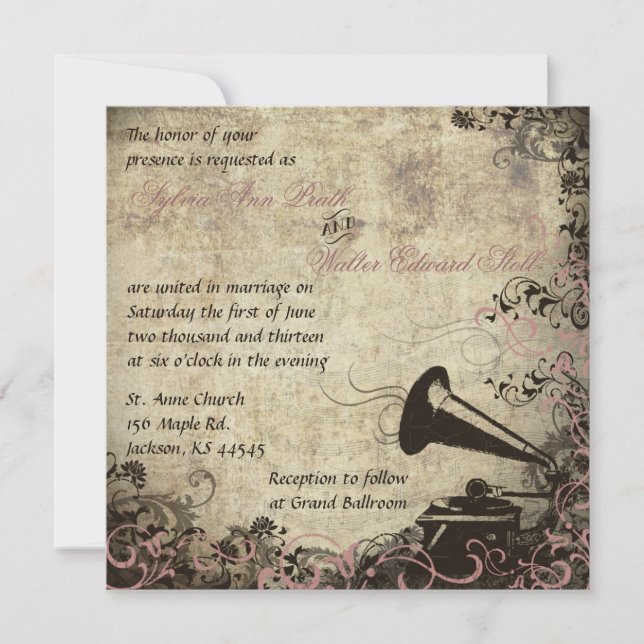 Phonographe Vintage Mariage Invitation Rose (Devant)