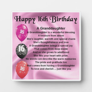 Photo 16e anniversaire Design Grandgirl Poème Plaque