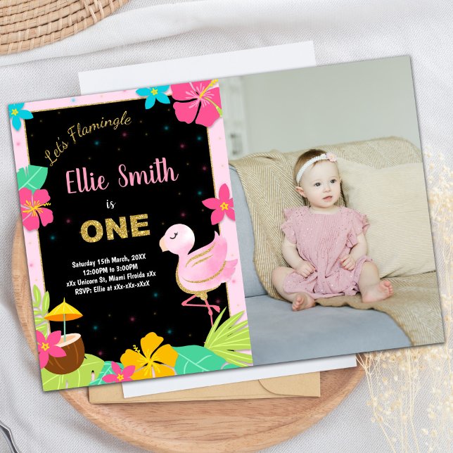 Photo 1er Flamant rose rose Invitations d'annivers (Photo 1st Pink Flamingo Birthday Invitations)