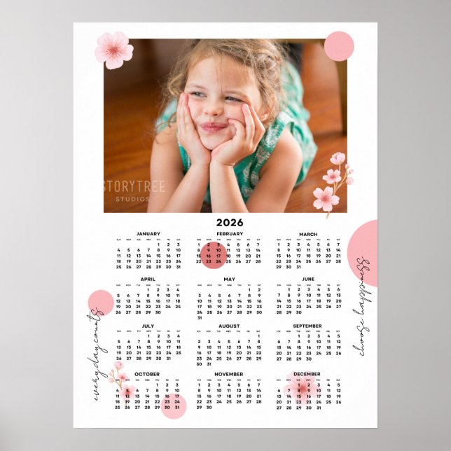 Photo 2026 Yearly Calendar Pretty Floral Poster (Devant)