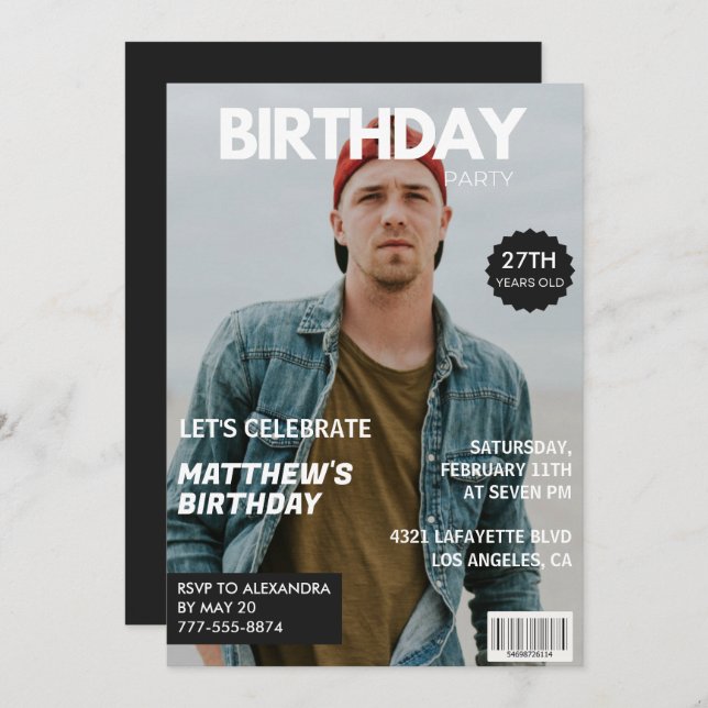 Photo 27e anniversaire invitations pour lui Magazi (Devant / Derrière)