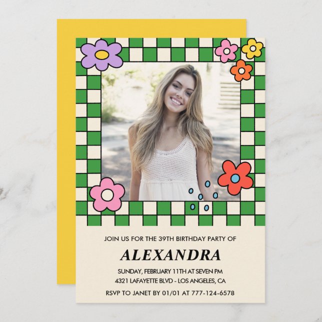 Photo 39e anniversaire invitation Retro Super Flor (Devant / Derrière)