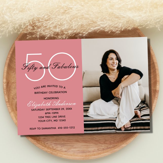 Photo 50 et Fabulous Pink Anniversday Invitation (50th Birthday Party Invitation for her in Pink with Photo)