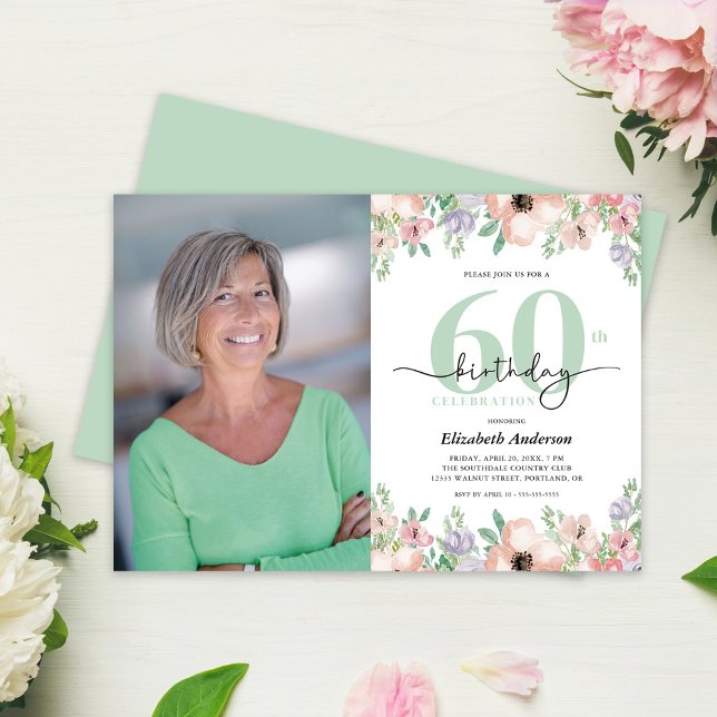 Photo 60e Invitation Anniversaire Fleurs Pastel (Créateur téléchargé)