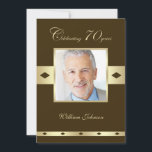 Photo 70th Birthday Party Invitation Brown<br><div class="desc">Cette invitation de fête de 70e anniversaire comprend une photo de l'honneur d'anniversaire sur un arrière - plan brun et or. Ce design personnalisé vous permet également de placer le nom de l'honneur d'anniversaire sous la photo pour une photo vraiment spéciale 70e invitation de fête d'anniversaire. Copyright henishouseo</div>