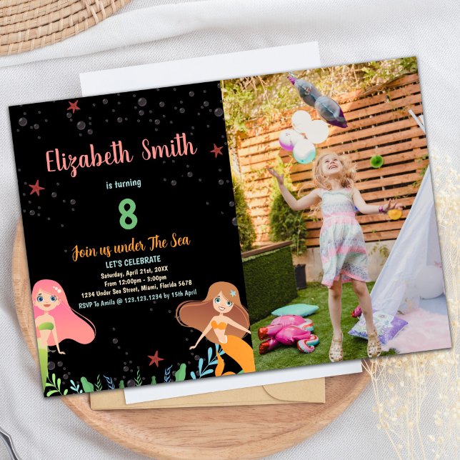 Photo 8e Invitations d'anniversaire de Sirène noir (Photo 8th Black Mermaid Birthday Invitations)