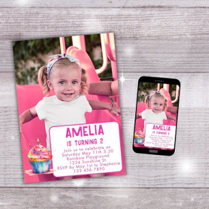 Photo Anniversaire Invitation Girl Pink Cupcake In
