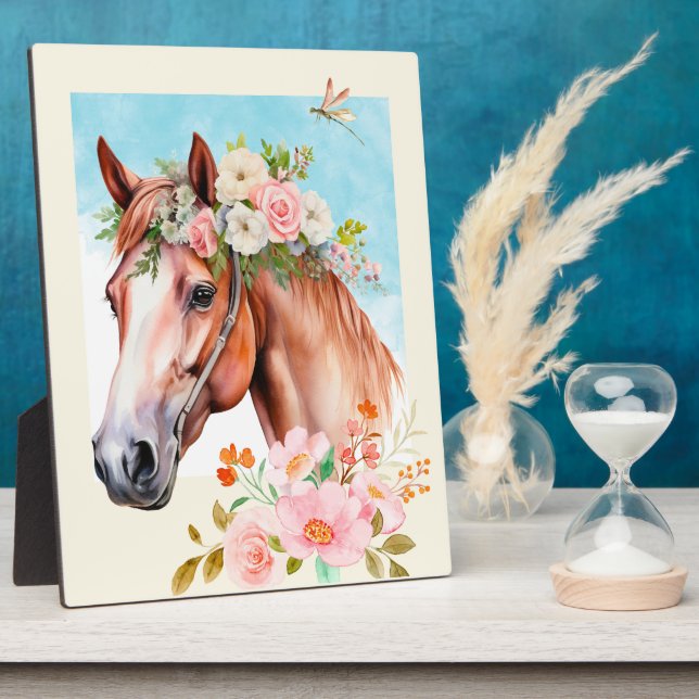 Photo Aquarelle Cheval et Fleurs Table Top Plaque (Côté)