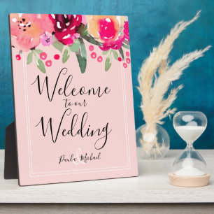 Photo Aquarelle Floral rose Mariage Plaque de bienvenue
