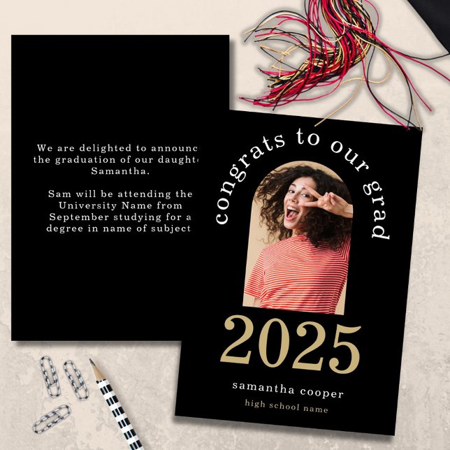 Photo Arch moderne 2025 Grad Black Faire-part (front and back view)