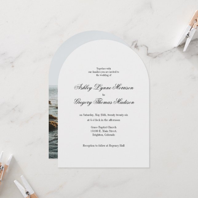 Photo Arch Shaped Grey Wedding Invitation (Devant/Arrière en situation)