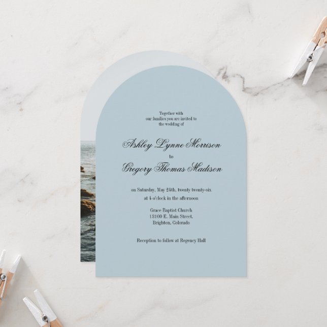 Photo Arch Shaped teal Wedding Invitation (Devant/Arrière en situation)