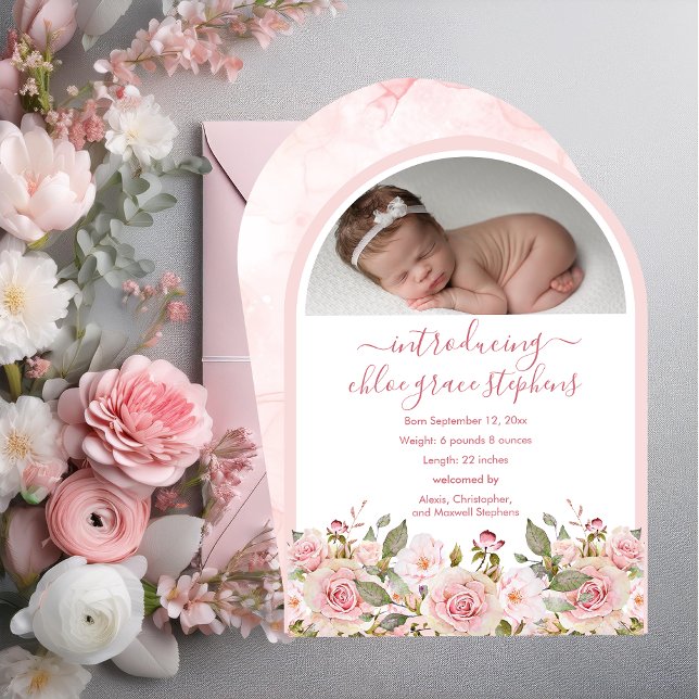 Photo Arché Rose Floral Girl Faire-part de naissan (Elegant Unique Arched Photo Pink Rose Floral Girl Birth Announcement)