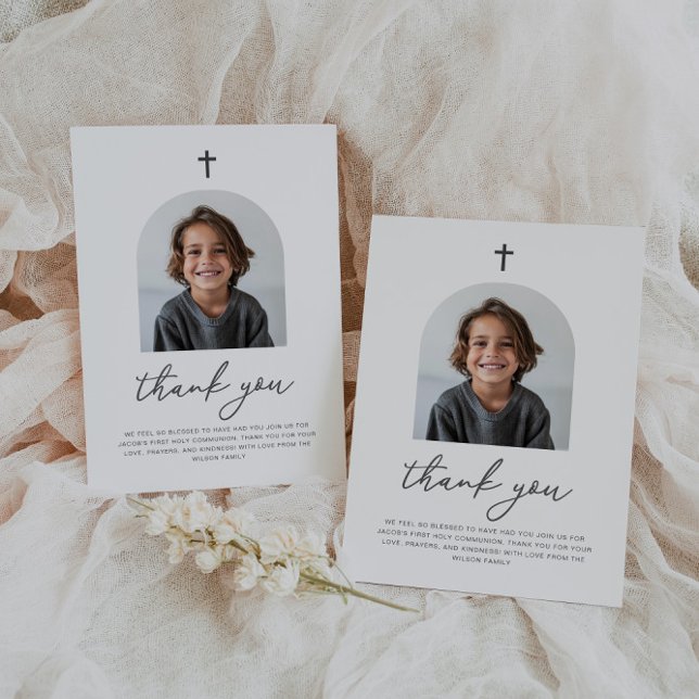 Photo Arched First Communion Boy Merci (Zazzle Arched Photo First Communion Boy Thank You)