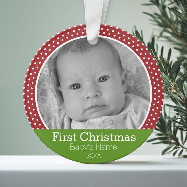 Photo Baby's First Christmas pois vert/rouge (Personalized Photo Ornament)