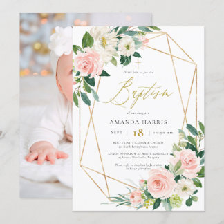 Photo Baptême florale et cadre doré Invitation