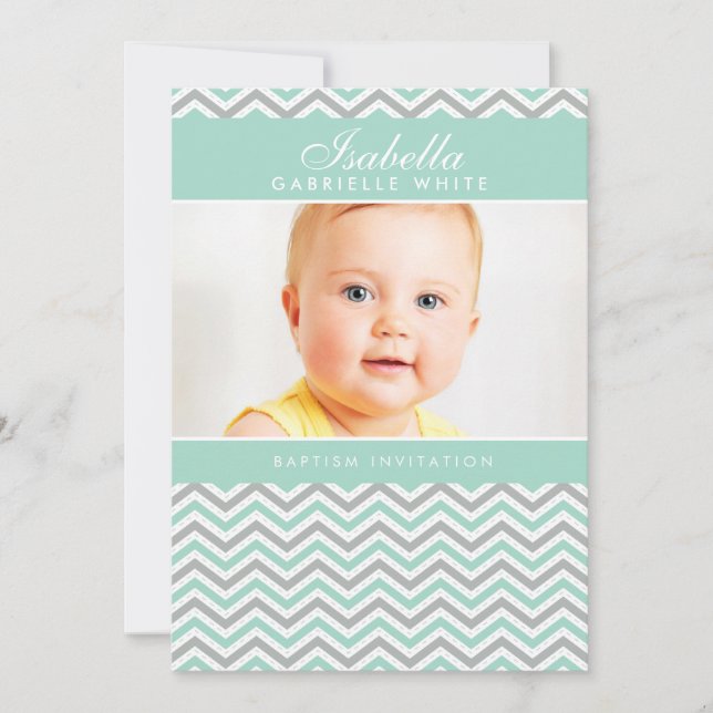 PHOTO BAPTISM INVITATION :: menthe de chevron (Devant)