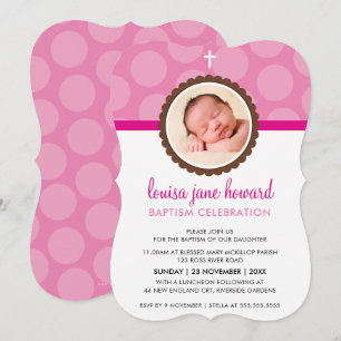 PHOTO BAPTISM INVITATION mignon pois motif rose