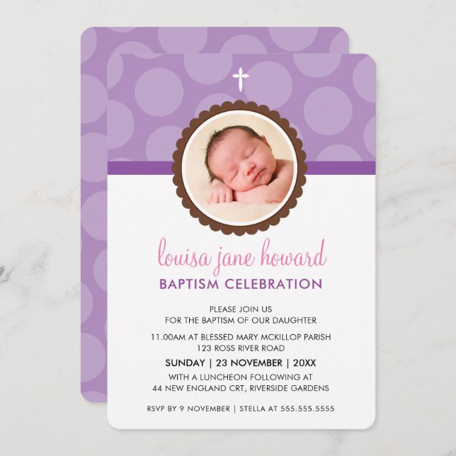 PHOTO BAPTISM INVITATION mignon poka point motif v (Devant / Derrière)