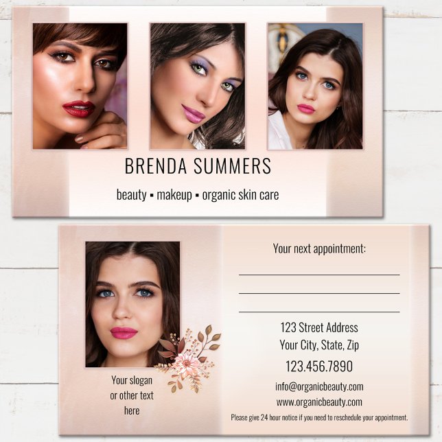 Photo Beauté Soins de la peau Rendez-vous professi (An elegant beauty appointment business card featuring your photos on a peach pink stylish design)