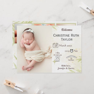 Photo bébé et carte faire-part de naissance feuill