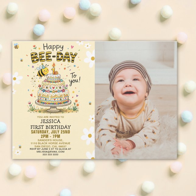 Photo Bee-Day 1st Birthday Invitation – Cute Bee (Créateur téléchargé)