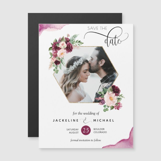Photo Berry and Blush Wedding Save the Date Magnet (Devant / Derrière)