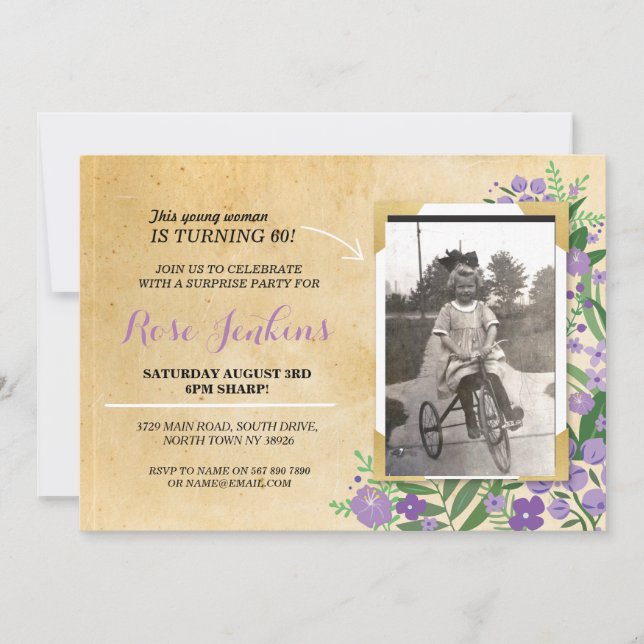 Photo Birthday Party Purple Floral Invitation Vint (Devant)