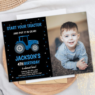 Photo Black Blue Tracteur Invitations Anniversaire