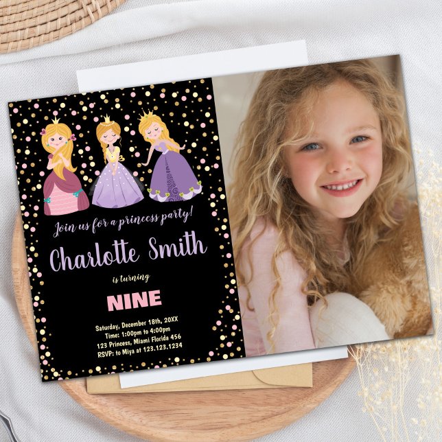 Photo Black Floral Princess Invitations d'annivers (Photo Black Floral Princess Birthday Invitations)