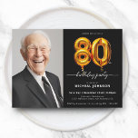 Photo Black Gold 80th Birthday Invitation<br><div class="desc">Photo Black Gold 80th Birthday Invitation. Célébrez votre jalon avec cette invitation photo personnalisée avec des numéros de ballons d'or et un design élégant. Vitrine de souvenirs chéris aux accents chatoyants, créant une touche sophistiquée et personnelle. Idéal pour marquer les grands moments de la vie, cette invitation allie une touche...</div>