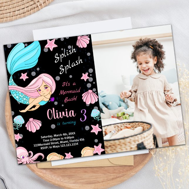 Photo Black Mermaid Invitations d'anniversaire (Photo Black Mermaid Birthday Invitations)