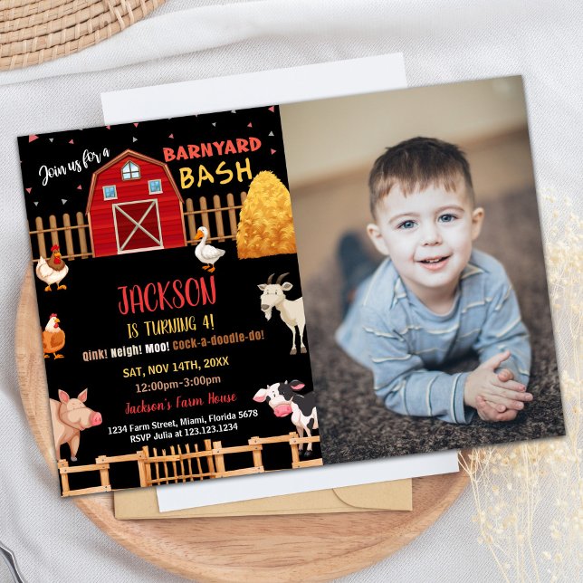 Photo Black Red Farm Animaux Invitations Anniversa (Photo Black Red Farm Animals Birthday Invitations)
